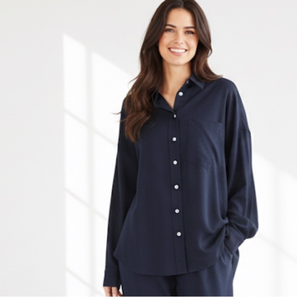 DELUC Roxa Shirt Navy Blue Oversized Button Down Linen Top Size Large